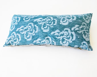 Blue Sea Swirls Batik Blockprinted Lumbar Cotton Pillow 12 x 24