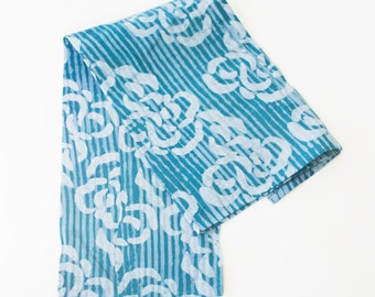 Blue Coral Swirl Handprinted Batik Cotton Kitchen Tea Towel