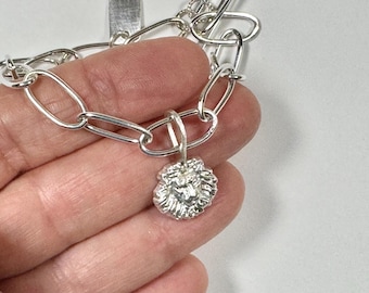 Sterling Silver Paperclip Bracelet, Lion Charm Adjustable Paperclip Chain Jewelry