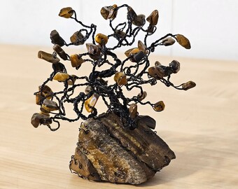 Cute Mini Tigers Eye Gem Tree, Black Wire Sculpture, Small Bonsai Decor, Handmade with Real Semi Precious Gemstones and Crystals