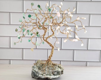 Weeping Willow Wire Tree with Green Aventurine & Morganite Gemstones, Green Jasper Rock Base, Reiki Infused Energy, Charming Gift