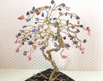 Crystal Gem Trees, Iolite & Rhodochrosite on Llanite Rock, Gold Tree, Gemstone Tree Sculpture, Wire Tree Art