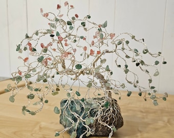 Bonsai Wire Tree Arte with Spring Blossoms Green Aventurine & Cherry Quartz, Large Bonsai Tree Sculpture, Bonsai Tree Gift