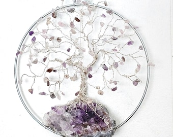7" Hanging Kunzite & Amethyst Gem Tree with Silver Hoop, Tree of Life Arte Walle or Window Hanging, Reiki Infused Meditation G ifts