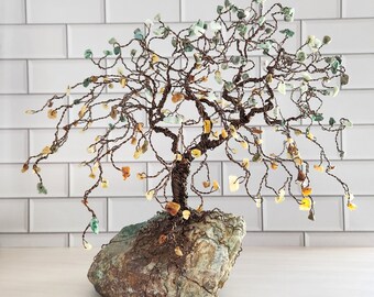 Willow Bonsai Wire Tree Sculpture Jade on Chrysocolla Rock, Handmade Tree Art, Decorative Stone Tree Gift, Autumn Trees