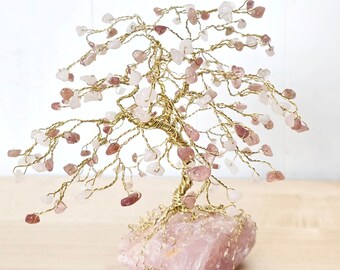 Magnolia Wire Tree Sculpture with Gold Wire, Rose Quartz and Strawberry Quartz Gems, Handmade Tree for Mom, Crystal Tree Gift Pink Gems