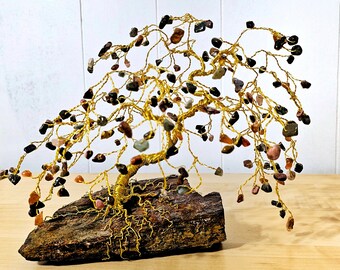 Fall Bonsai Gem Tree with a mix of Jasper, Rhodonite, Mookaite, Carnelian, Gold Wire Tree Sculpture, Artful-Tree-Art G ift