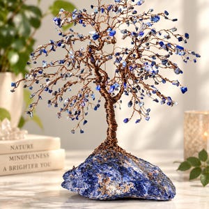 Large Lapis Lazuli Wire Tree Sculpture, Raw Sodalite Rock Base,  9th Anniversary Gifts, Office Desk Crystal Decor