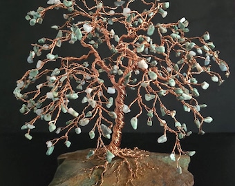 Happy Jade Wire Tree Sculpture, Copper Wire Stone Tree, Green Money Tree