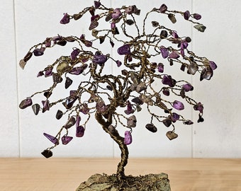Bronze Wire Gem Tree with Atlantasite Gems, Green Serpentine Rock Base, Tree of Life Sculpture for Home Decor, Reiki Healing Energy
