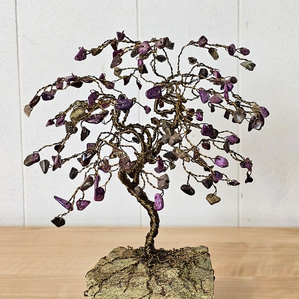 Bronze Wire Gem Tree with Atlantasite Gems, Green Serpentine Rock Base, Tree of Life Sculpture for Home Decor, Reiki Healing Energy