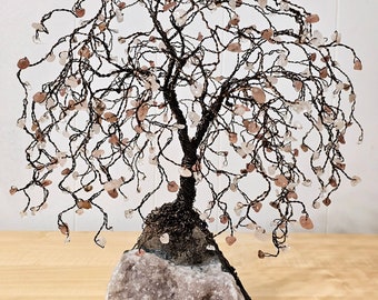 Weeping Willow Bonsai Crystal Tree on Sparkly Amethyst, Spring Blossom Willow Tree, Bronze Tree of Life, Anniversary Tree