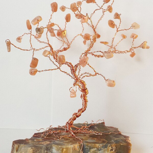 Peachy SUNSTONE on Mosaic Rock Healing GEM TREE of Life Wire Sculpture / Home Decor, Yoga Gifts, Chakra Aura Cleansing, Christmas Gifts