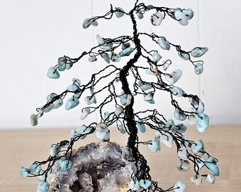 Wire Pine Gem Tree with Larimar Gems on Agate Rock Base, Black Wire Sculpture, Black Hills Inspired Pine Tree, Nature Cottage Core\