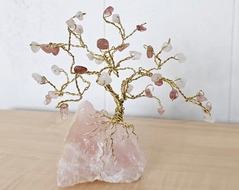 Tiny Rose Quartz Wire Tree Decorer with Strawberry Quartz, Real Raw Rose Quartz Rock Base, Gold Wire Tree Sculpture, Raw Pink Crystal Tree