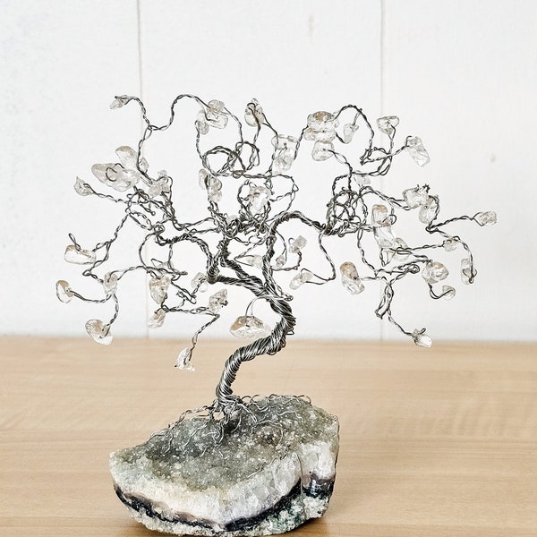 Mini Quartz Willow Gem Tree on Green Amethyst Rock Base, Silver Wire Tree Sculpture, Mothers Day Gift, Meditation Shelf Decor