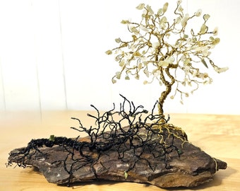 Jade Gem Tree Sculpture "Without Death There is No Life", Abstract Tree Art with Black & Gold Wire, Tree Artful Arte G ift Gallery Quality