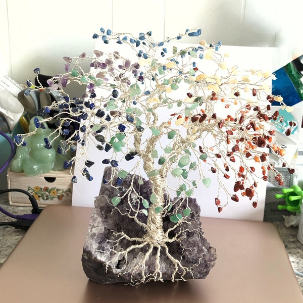 Custom Large Wire Gem Tree Sculpture - Chakra Stones - Spiritual Awakening - Meditation Altar Tree Art - Reiki Infused Spirit Tree Decorer