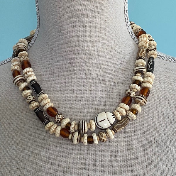 Carved Bone Scarab & Glass Amber Bead Boho Hippie Tribal Rope Necklace