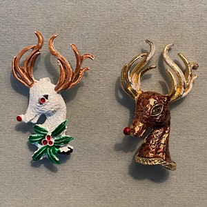 Pair of GERRY&#39;S Enamelled Antlered Deer Rudolph Christmas Brooches
