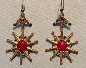 Antique Victorian Pinchbeck & Carnelian Lapis Coral Stone Dangling Sunburst Earrings
