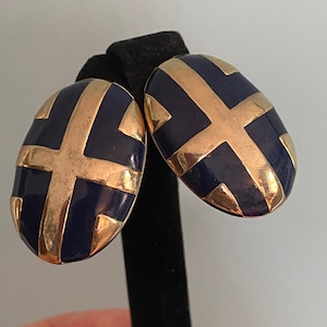 Large Gold & Dark Blue Enamel Domed Oval Clip Earrings