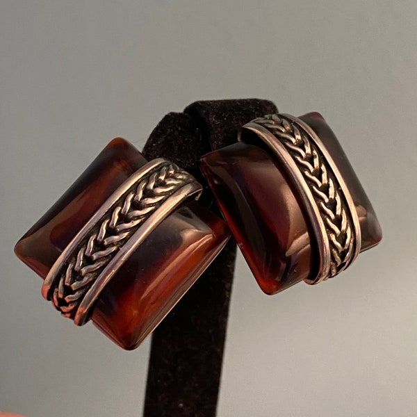 Superb BEN AMUN Pewter & Dark Caramel Lucite Square Cushion Clip On Earrings