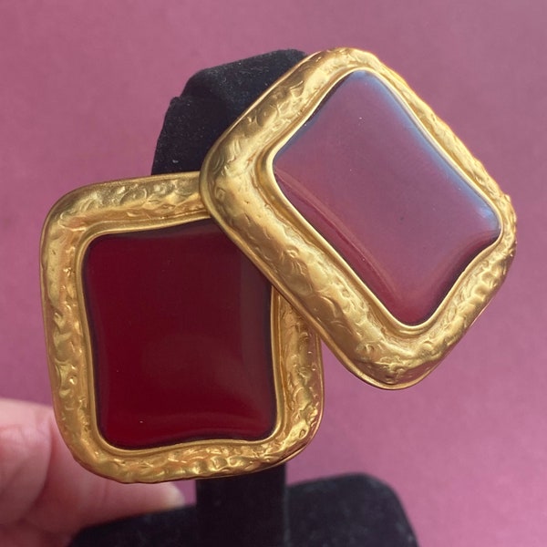 ANNE KLEIN 1980s Wine Red Lucite & Matte Gold Frame Earrings