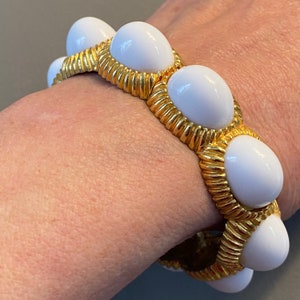 Chunky Cool Gold Plate & White Lucite Hinged Cuff Bracelet RARE