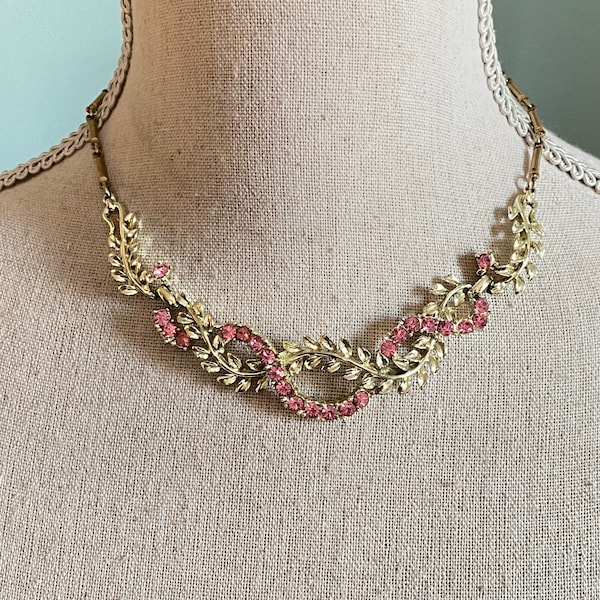 CORO Gold & Pink Rhinestone Choker Necklace