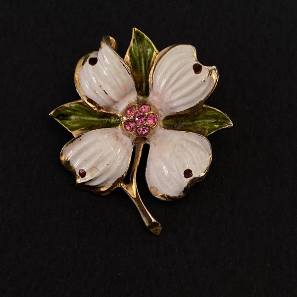 TRIFARI Style Gold White & Green Enamel and Pink Crystal Dogwood Brooch
