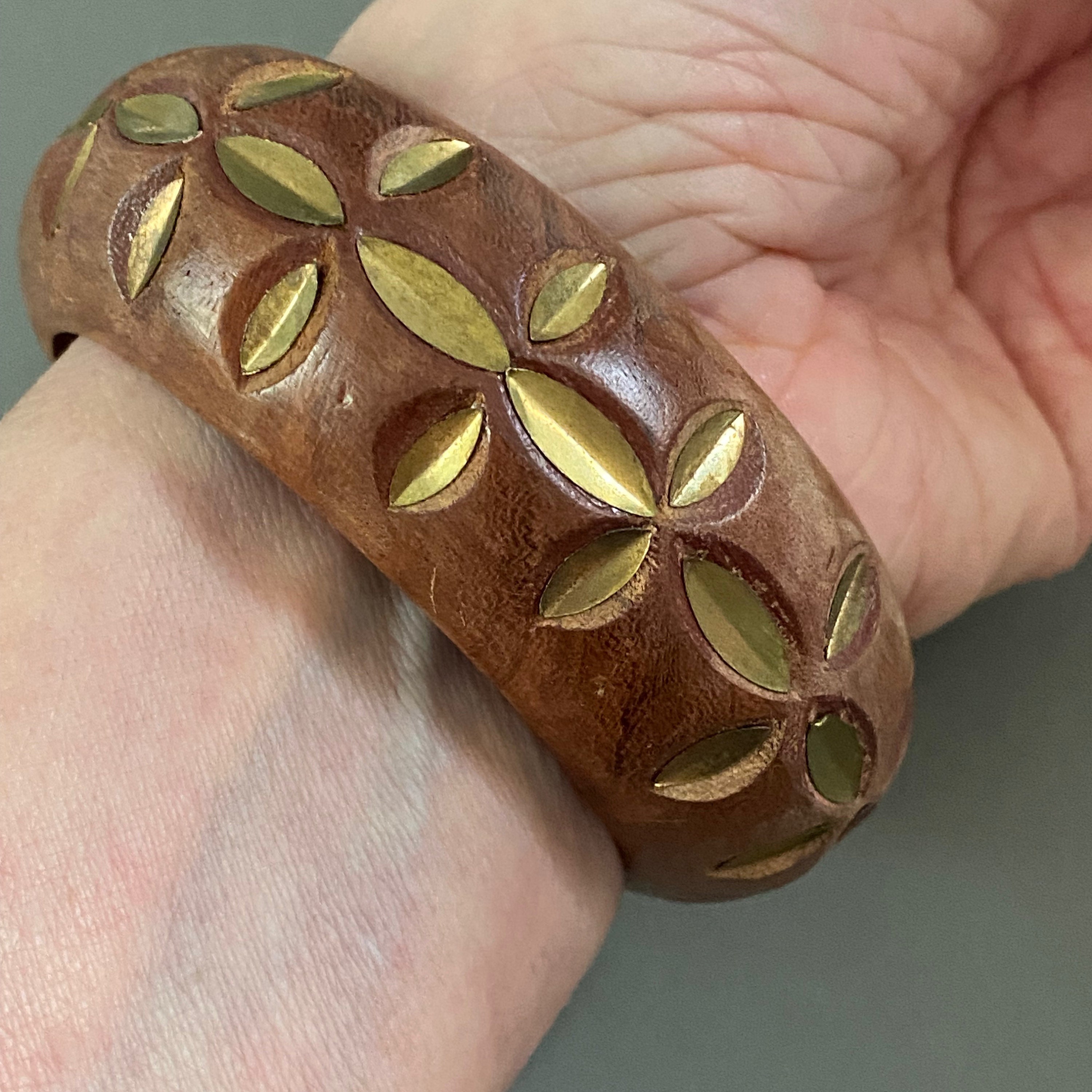 Mid Century Carved and Brass Inlaid Chunky Wooden Bangle Bracelet