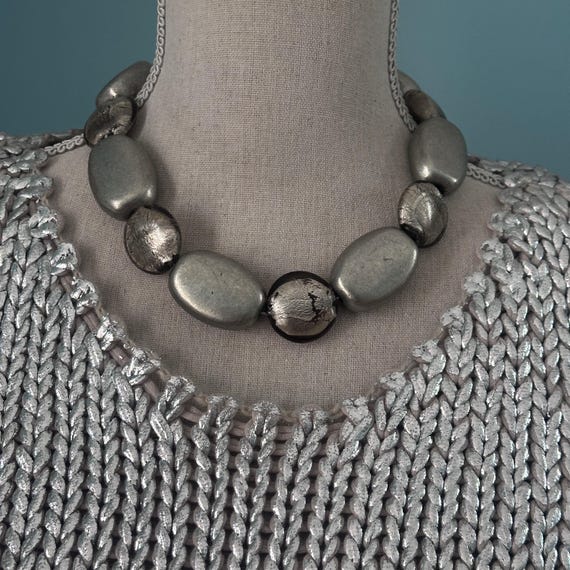 Chunky Silvered Murano Glass Beads Necklace: Foil & Opaque Silver Glass