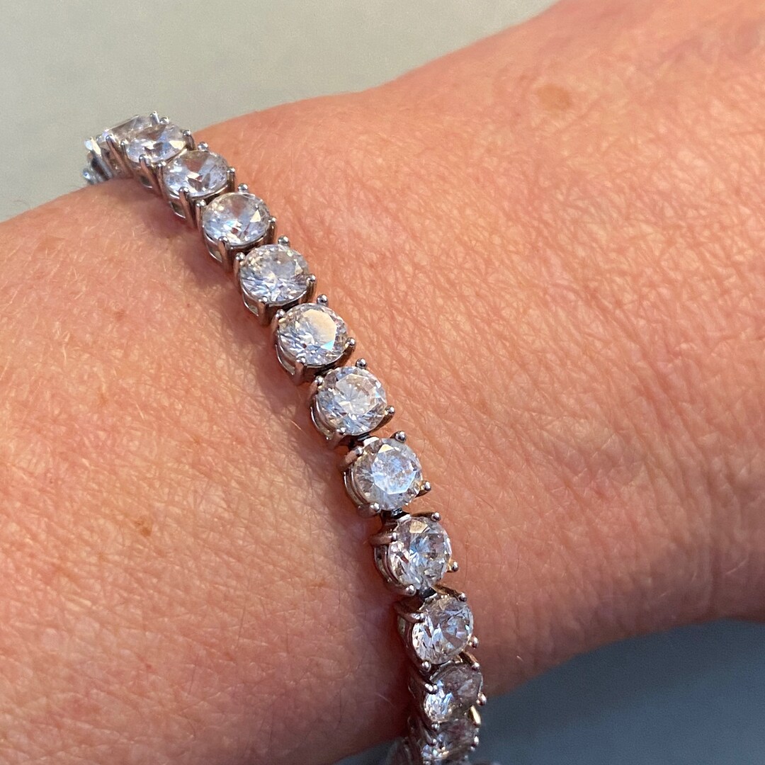 Signed Paj 925 Rhodium Plated Sterling Silver Cubic Zirconia Tennis Bracelet