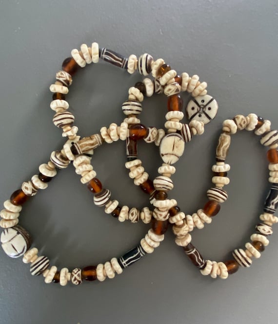 Carved Bone Scarab & Glass Amber Bead Boho Hippie… - image 2
