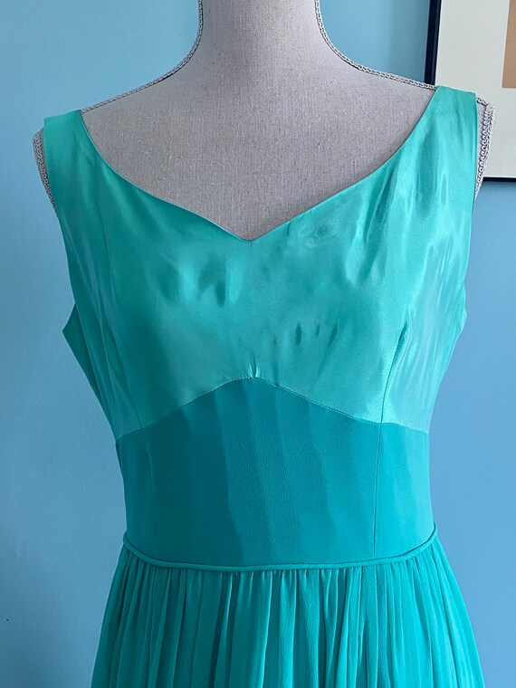 Long 1960s Seafoam Chiffon & Satin Evening Gown S… - image 3