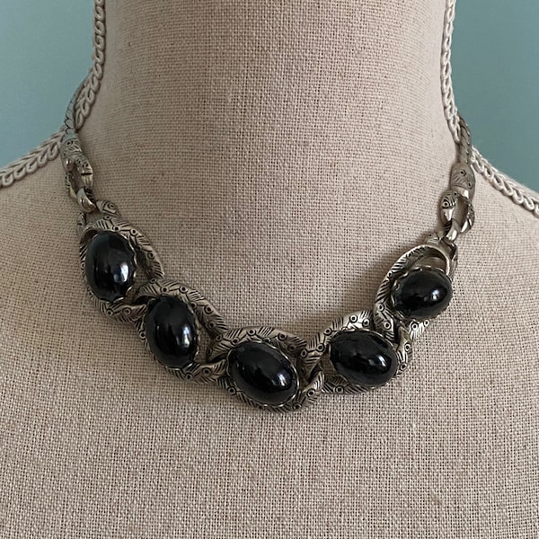 ELSA SCHIAPARELLI Style Silver Tone & Black Glass Cabochon Choker Necklace