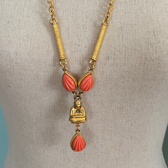 Gold Plate & Coral Lucite Buddha Pendant Necklace - image 2