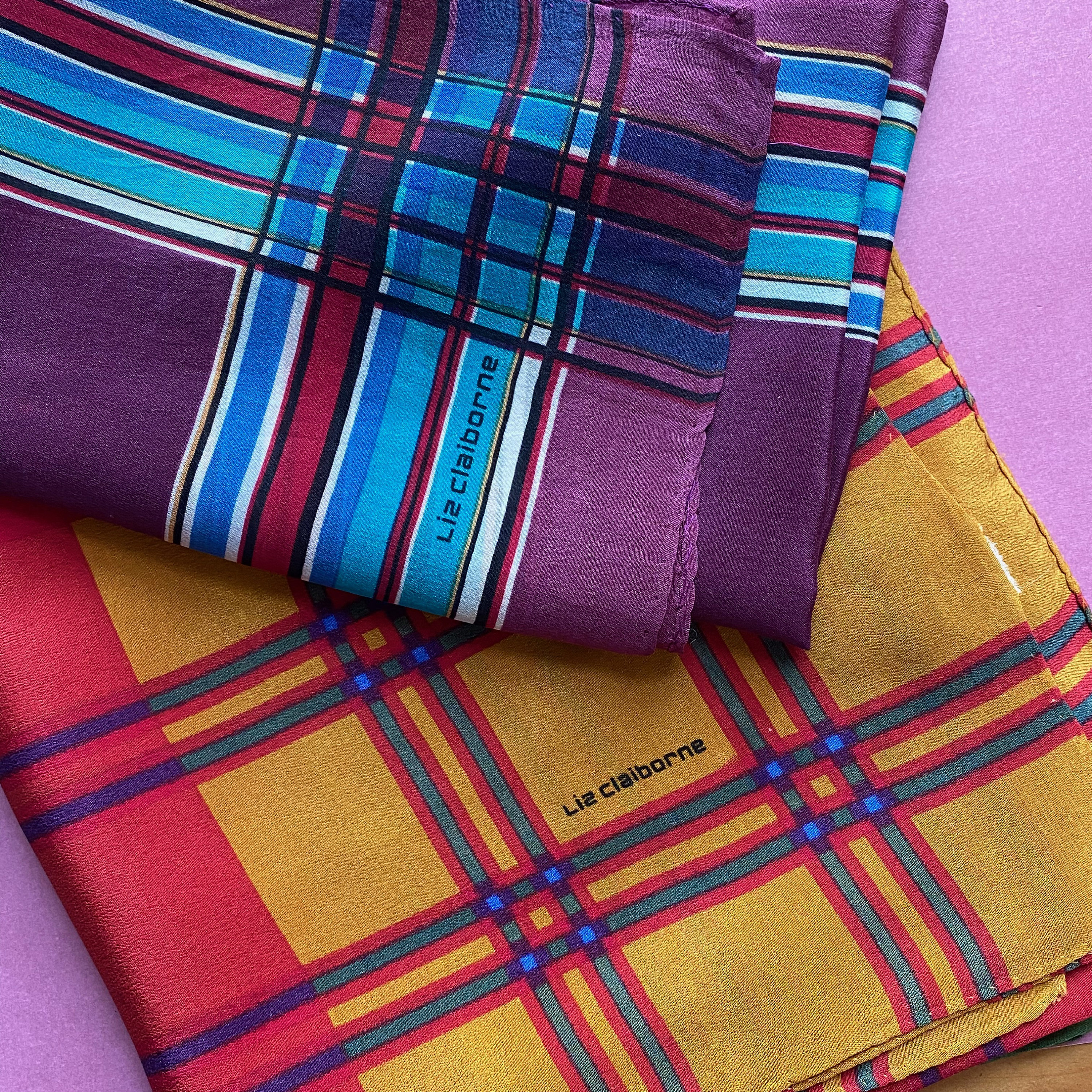 Two 1980s LIZ CLAIBORNE Checkered Silk Scarves