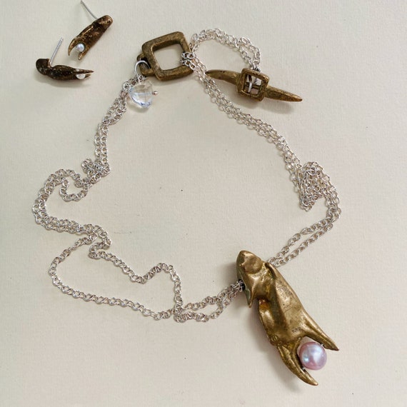 Artisan Made Cast Solid Bronze & Real Pearl Lobst… - image 1