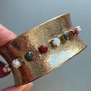 Wide Modernist Gold and Red White & Green Milk Glass Hinged Clamper Bracelet