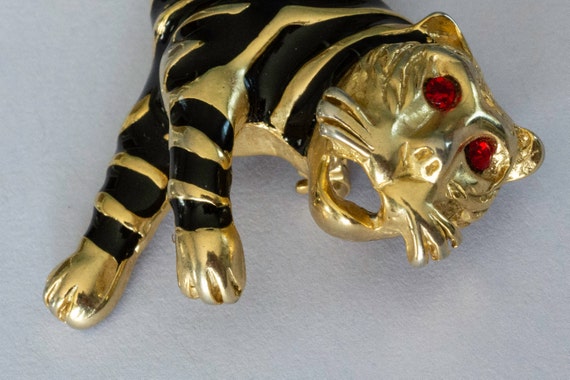 Broche Vintage Tigre En Relief Or Et Émail Noir - Bijou Rétro État Impeccable