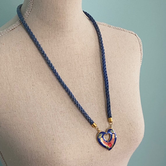 Pretty Cloisonné Heart Pendant on Blue Rope Neckl… - image 2