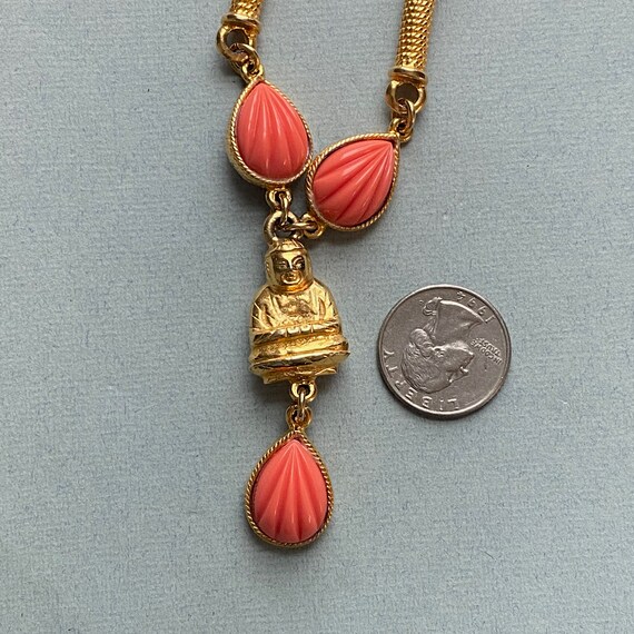 Gold Plate & Coral Lucite Buddha Pendant Necklace - image 9