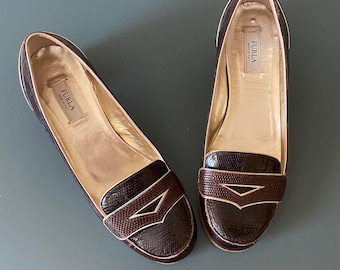 FURLA Made in Italy Chaussures de style Penny Loafer en cuir marron foncé et chocolat et or Sz 36 / US 5 1/2