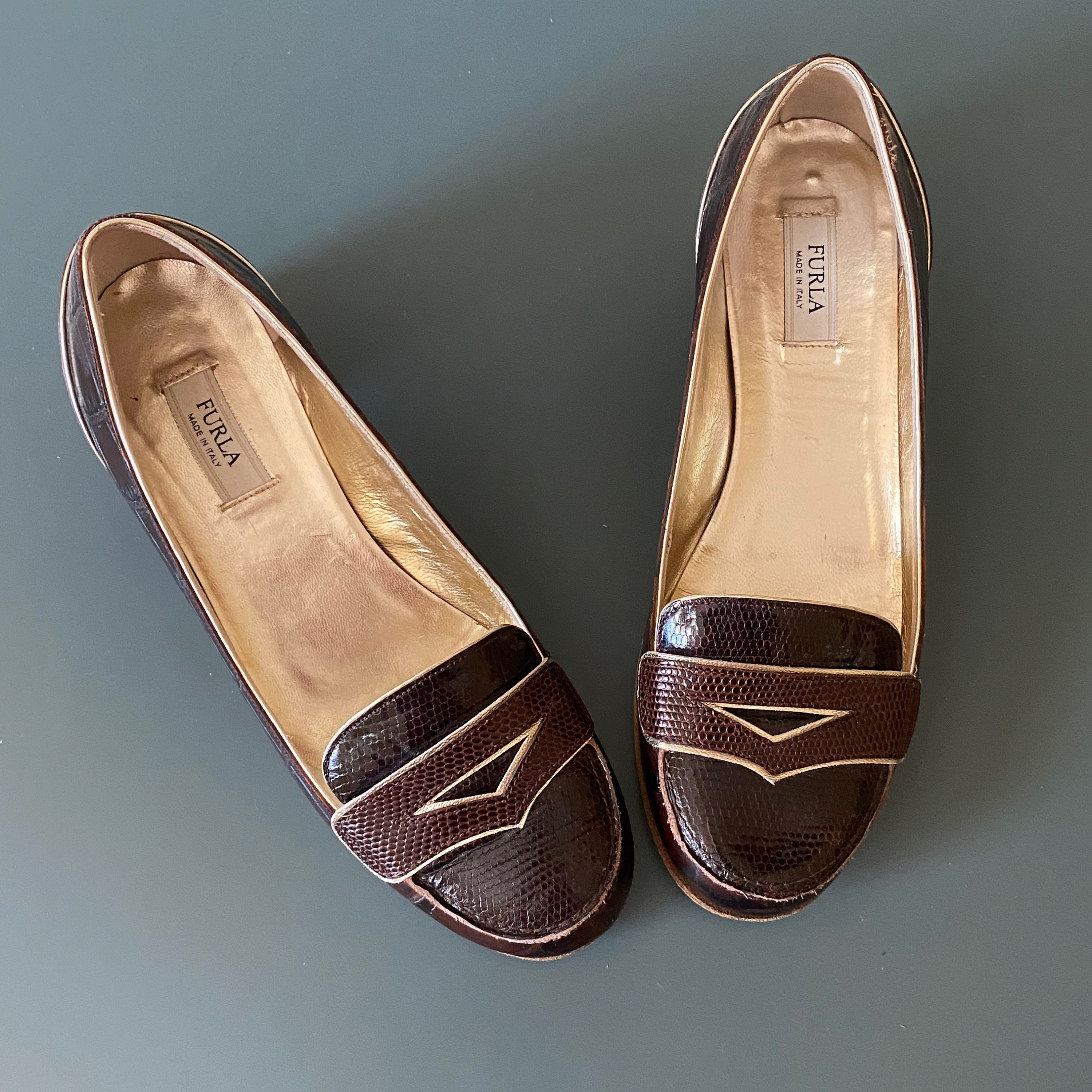 FURLA Made in Italy Dark & Chocolate Brown and Gold Leather Penny 
