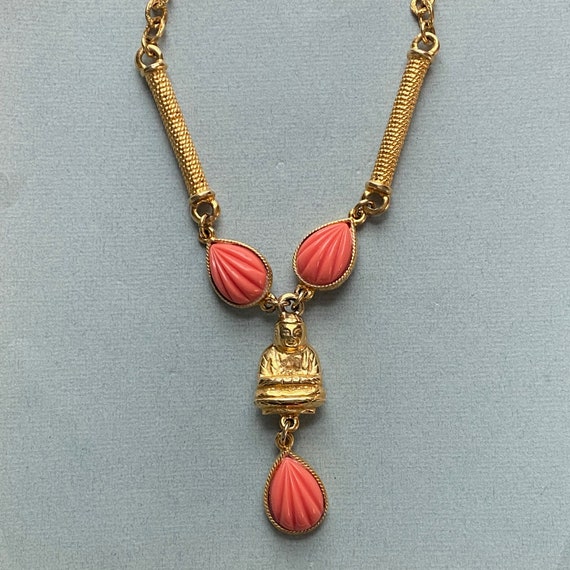 Gold Plate & Coral Lucite Buddha Pendant Necklace - image 7