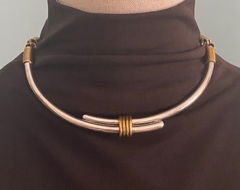 Modernist LATON Mexico 925 Silver & Brass Hinged Collar Necklace