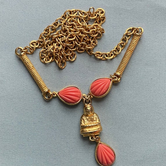 Gold Plate & Coral Lucite Buddha Pendant Necklace - image 1
