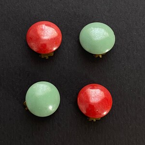 Two Pair Cinnamon Red & Sea Foam Green Venetian Glass Button Earrings